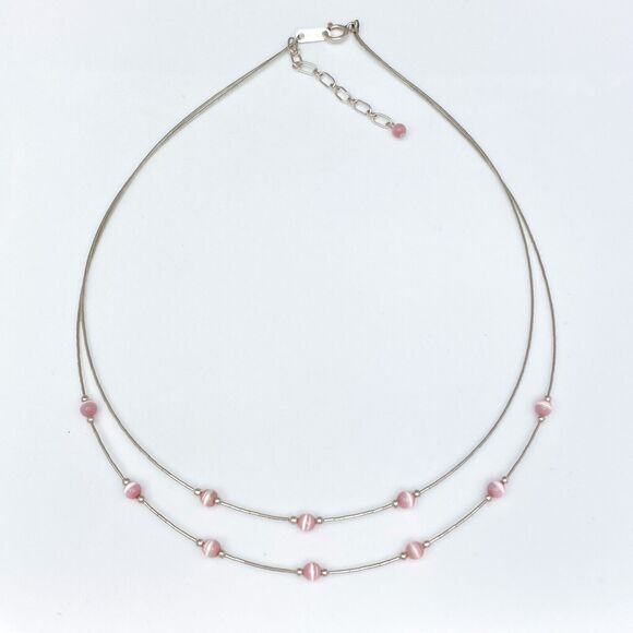 NWOT Sterling Silver 925 Pink Simulated Tiger's Eye Station Necklace 15"-17" - Picture 1 of 4